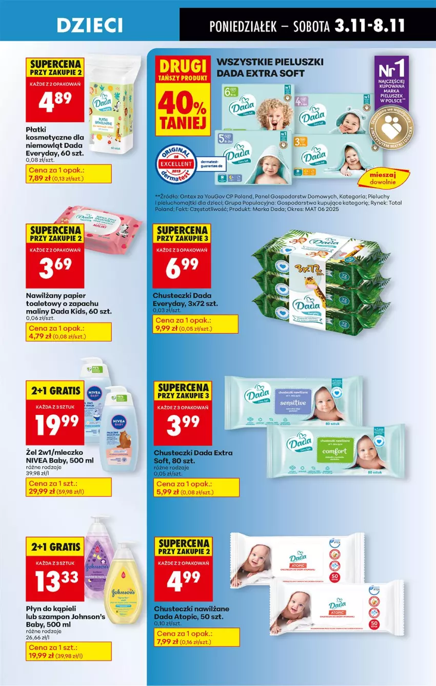 Gazetka promocyjna Biedronka - Od Poniedziałku - ważna 03.11 do 08.11.2025 - strona 81 - produkty: Chusteczki, Dada, Dzieci, Fa, Johnson's, Majtki, Maliny, Mleczko, Nawilżany papier, Nivea, Nivea Baby, Papier, Papier toaletowy, Pieluchomajtki, Pieluchy, Płatki kosmetyczne, Płyn do kąpieli, Szampon, Top