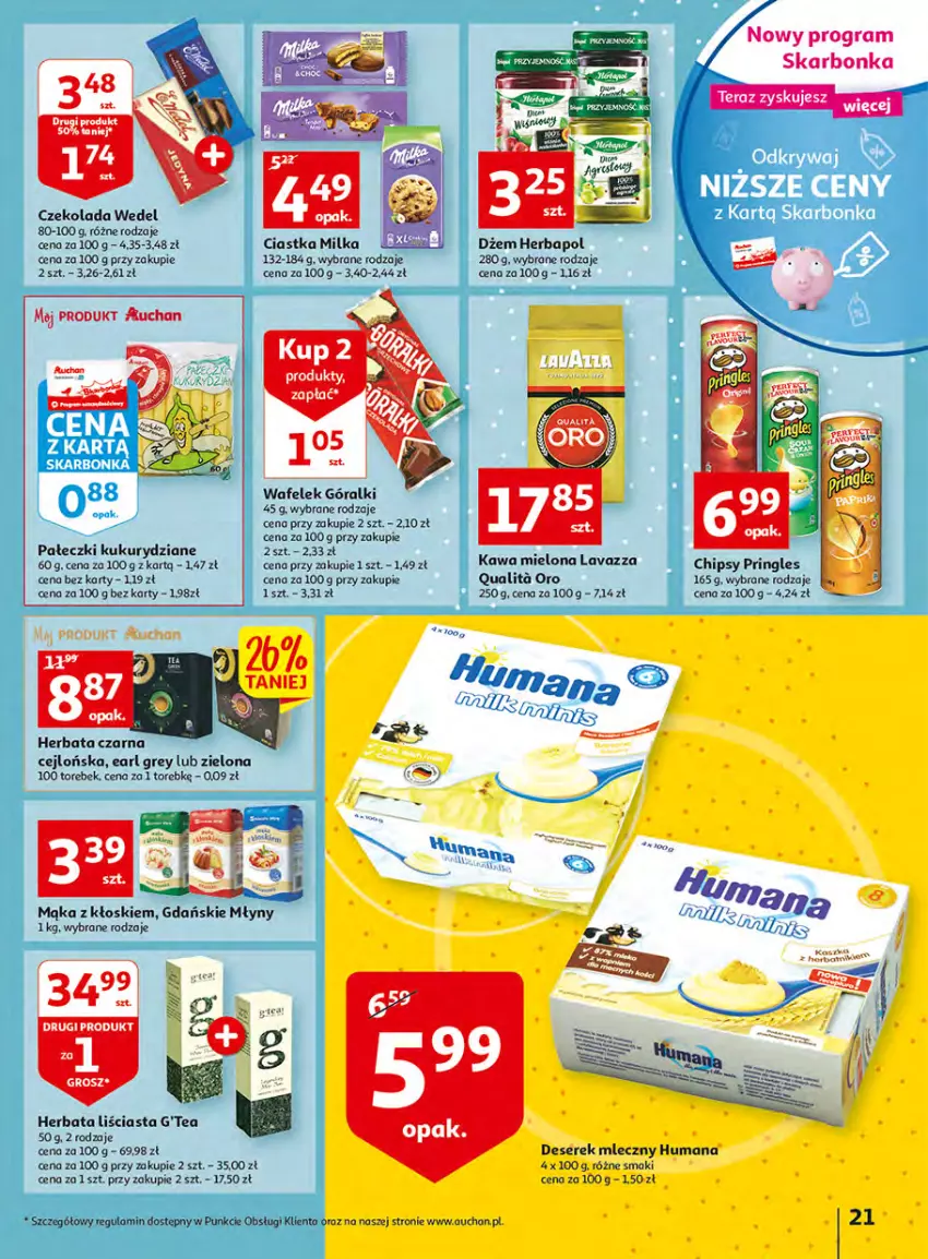 Gazetka promocyjna Auchan - Włoska kuchnia jest w cenie Hipermarkety - ważna 05.05 do 11.05.2022 - strona 21 - produkty: Chipsy, Ciastka, Czekolada, Deser, Dżem, Earl Grey, Góralki, Gra, Herbapol, Herbata, Herbata czarna, Humana, Kawa, Kawa mielona, Lavazza, Mąka, Milka, Pringles, Ser, Serek, Wafelek