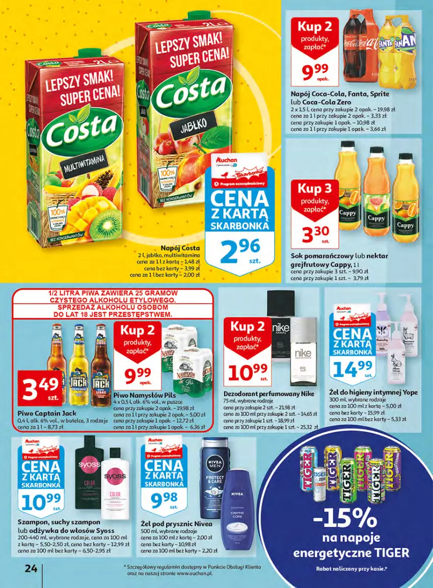 Gazetka promocyjna Auchan - Włoska kuchnia jest w cenie Hipermarkety - ważna 05.05 do 11.05.2022 - strona 24 - produkty: Cappy, Captain Jack, Coca-Cola, Dezodorant, Fa, Fanta, Gra, Namysłów, Napój, Napoje, Nektar, Nike, Nivea, Odzywka do włosów, Perfum, Piwa, Piwo, Sok, Sok pomarańczowy, Sprite, Suchy szampon, Syoss, Szampon, Tiger, Yope