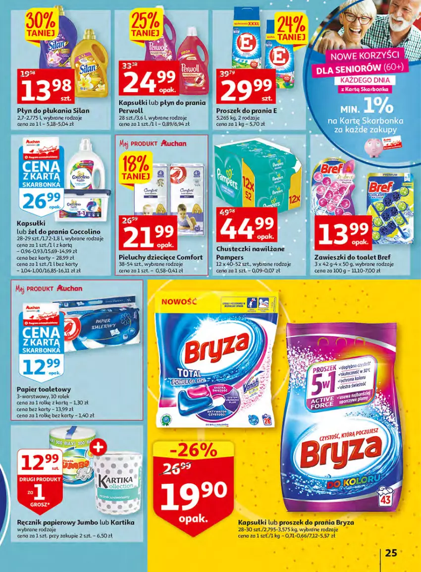 Gazetka promocyjna Auchan - Włoska kuchnia jest w cenie Hipermarkety - ważna 05.05 do 11.05.2022 - strona 25 - produkty: Bref, Bryza, Chusteczki, Coccolino, Dzieci, Pampers, Papier, Papier toaletowy, Perwoll, Pieluchy, Płyn do płukania, Płyn do prania, Proszek do prania, Ręcznik, Silan, Zawieszki