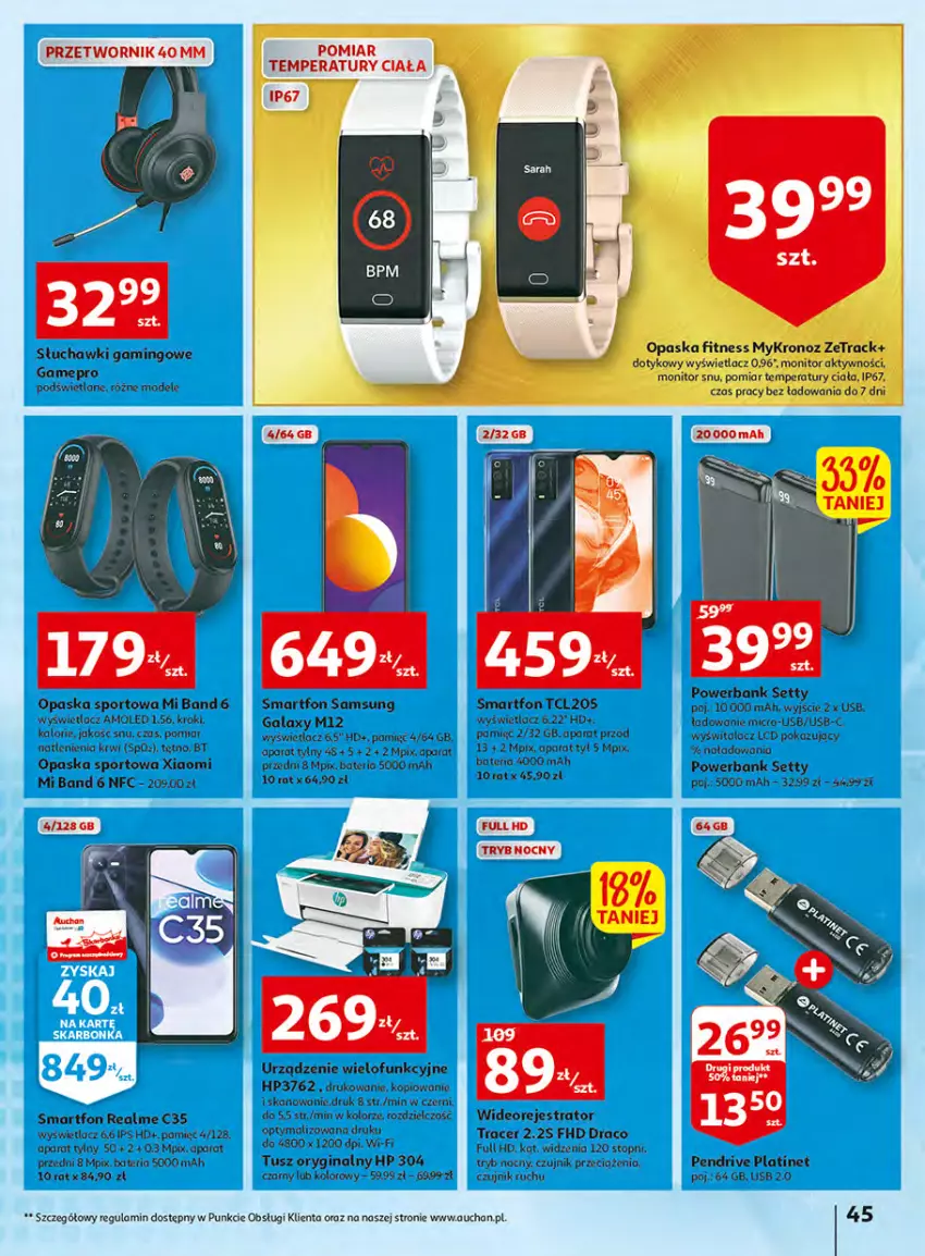 Gazetka promocyjna Auchan - Włoska kuchnia jest w cenie Hipermarkety - ważna 05.05 do 11.05.2022 - strona 45 - produkty: Acer, Amol, Bateria, Gala, Gin, HP, Monitor, Opaska, Opaska fitness, Pendrive, PLATINET, Por, Powerbank, Samsung, Słuchawki, Słuchawki gamingowe, Smartfon, Sport, Top, Tusz, Urządzenie wielofunkcyjne, Wideorejestrator