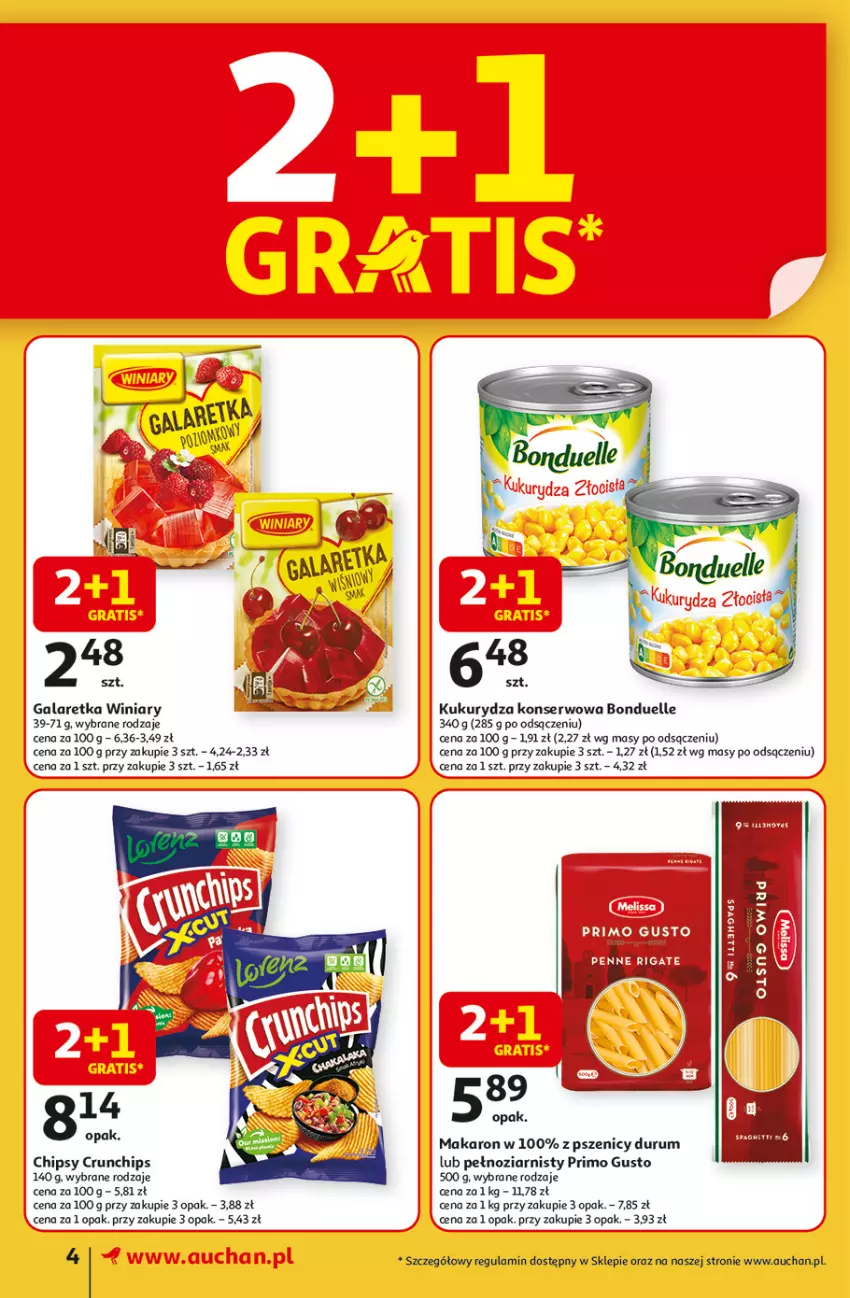 Gazetka promocyjna Auchan - TAK SMAKUJE LATO Supermarket - ważna 12.06 do 18.06.2025 - strona 4 - produkty: Bonduelle, Chipsy, Crunchips, Gala, Galaretka, Kukurydza, Kukurydza konserwowa, Makaron, Rum, Ser, Winiary