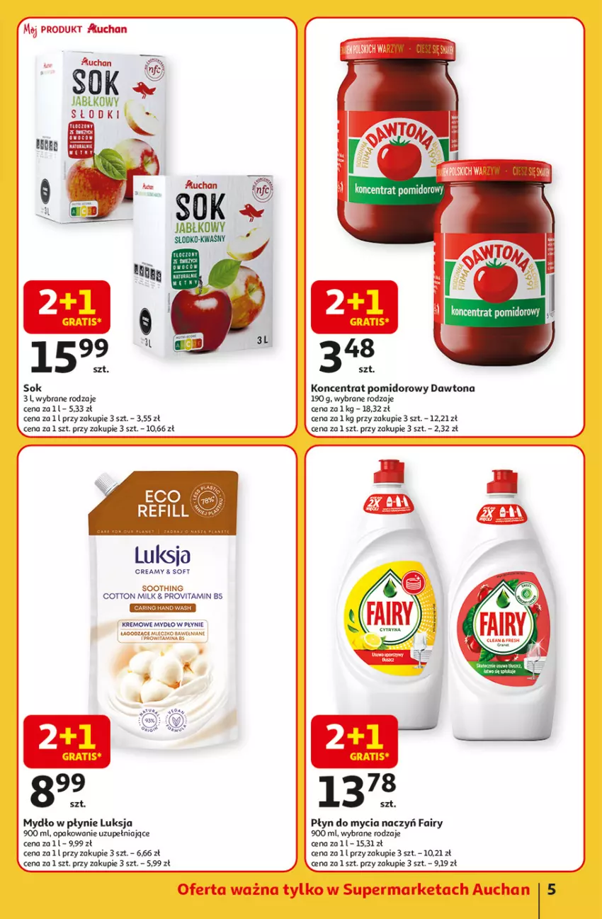 Gazetka promocyjna Auchan - TAK SMAKUJE LATO Supermarket - ważna 12.06 do 18.06.2025 - strona 5 - produkty: Dawtona, Do mycia naczyń, Fa, Fairy, Gra, Koncentrat pomidorowy, Luksja, Mydło, Mydło w płynie, Płyn do mycia, Płyn do mycia naczyń, Sok, Sok jabłkowy