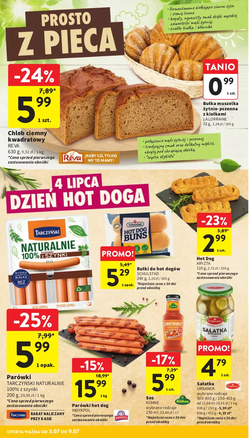 Gazetka promocyjna Intermarche - Gazetka promocyjna - ważna 03.07 do 09.07.2025 - strona 16 - produkty: Bułka, Bułki do hot dogów, Chleb, Hot dog, Mus, Parówki, Parówki hot dog, Sałat, Sałatka, Sok, Sos, Tarczyński