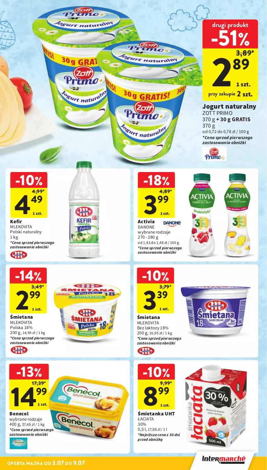 Gazetka promocyjna Intermarche - Gazetka promocyjna - ważna 03.07 do 09.07.2025 - strona 21 - produkty: Activia, Benecol, Danone, Gra, Jogurt, Jogurt naturalny, Kefir, Mleko, Mlekovita, Zott, Zott Primo