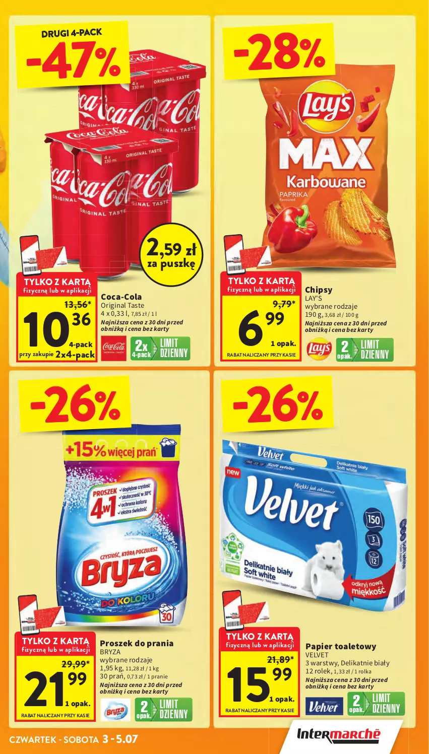 Gazetka promocyjna Intermarche - Gazetka promocyjna - ważna 03.07 do 09.07.2025 - strona 3 - produkty: Bryza, Chipsy, Coca-Cola, Gin, Papier, Papier toaletowy, Proszek do prania, Velvet