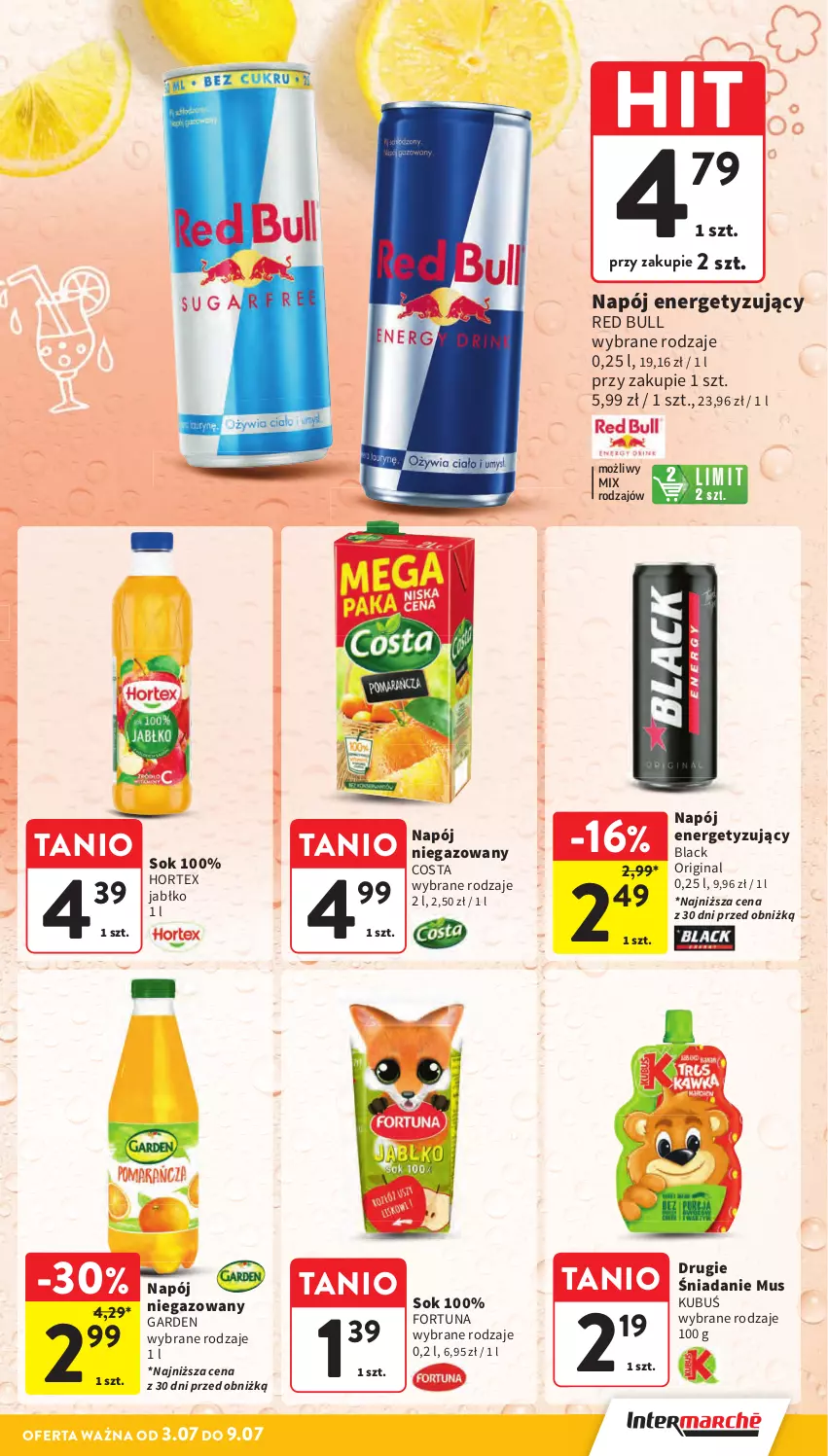 Gazetka promocyjna Intermarche - Gazetka promocyjna - ważna 03.07 do 09.07.2025 - strona 31 - produkty: Fortuna, Gin, Hortex, Kubuś, Lack, Mus, Napój, Napój niegazowany, Red Bull, Sok