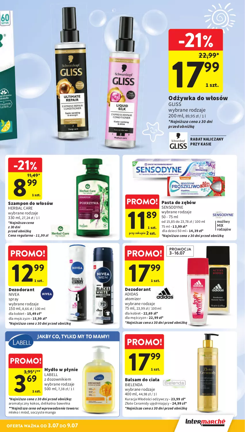 Gazetka promocyjna Intermarche - Gazetka promocyjna - ważna 03.07 do 09.07.2025 - strona 39 - produkty: Adidas, Balsam do ciała, Bell, Bielenda, Dezodorant, Dozownik, Dzieci, Kokos, Mango, Miód, Mleko, Mydło, Mydło w płynie, Nivea, Odżywka, Pasta do zębów, Sensodyne, Szampon, Wełna