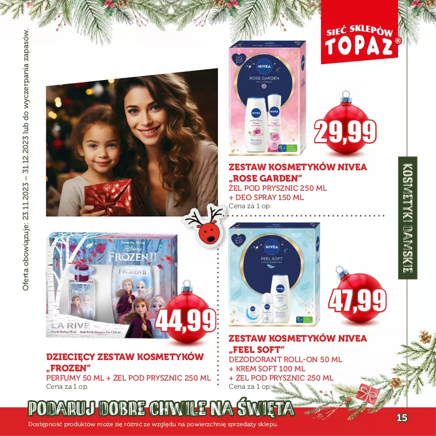 Gazetka promocyjna Topaz - Gazetka - ważna 23.11 do 31.12.2023 - strona 15 - produkty: Dezodorant, Dzieci, Frozen, Nivea, Perfum