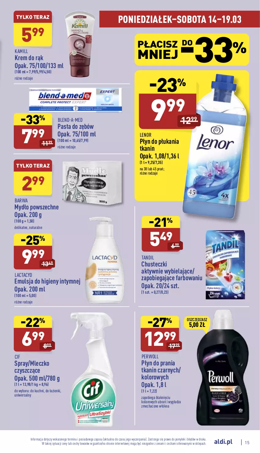 Gazetka promocyjna Aldi - Katalog spożywczy - ważna 14.03 do 19.03.2022 - strona 15 - produkty: Blend-a-Med, Chusteczki, Cif, Emulsja, Fa, Kamill, Krem do rąk, Lactacyd, Lenor, Mleczko, Mydło, Pasta do zębów, Perwoll, Płyn do płukania, Płyn do prania, Tera