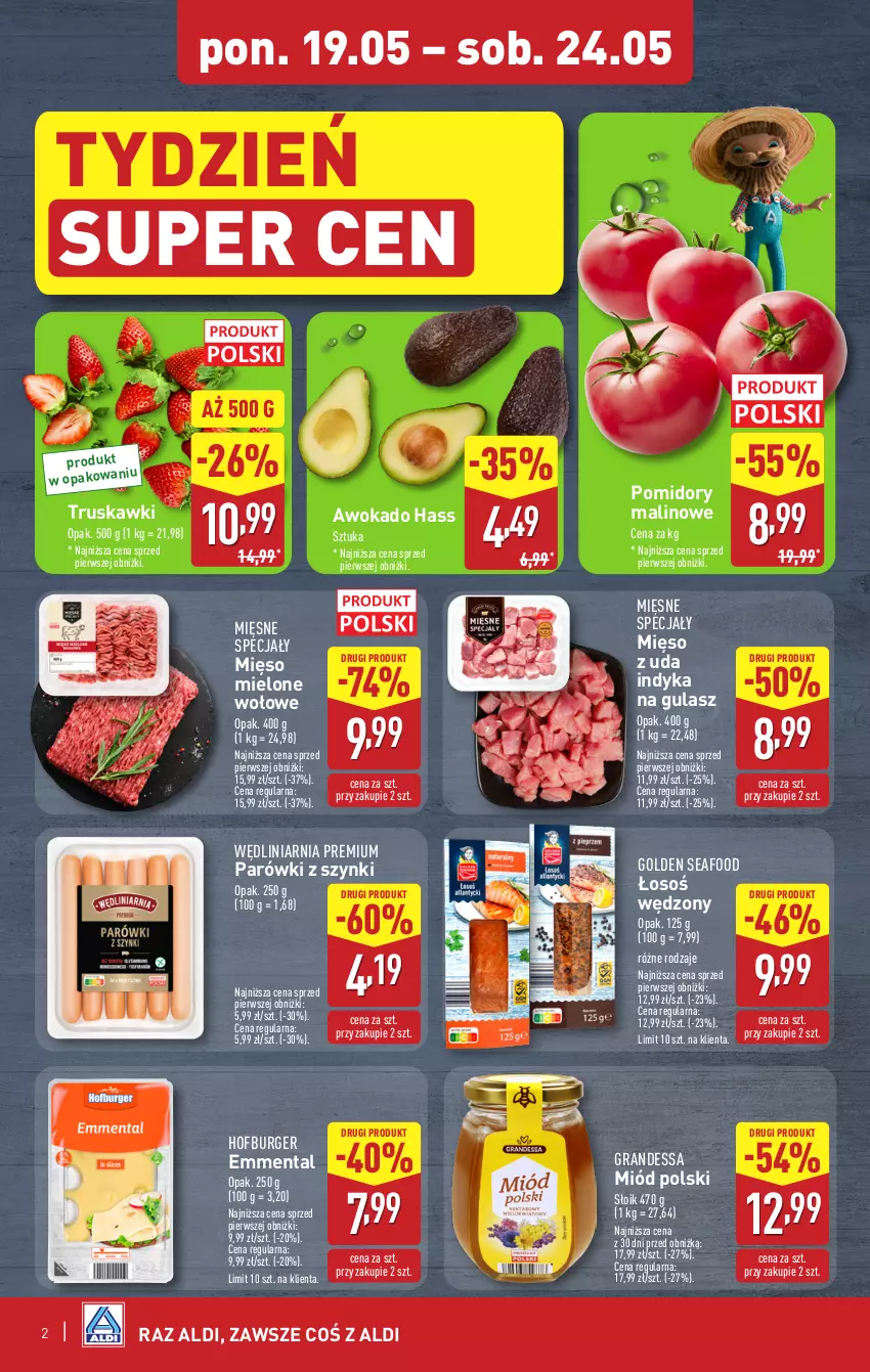 Gazetka promocyjna Aldi - Oferta weekendowa - ważna 22.05 do 24.05.2025 - strona 2 - produkty: Burger, Emmental, Golden Seafood, Gra, Hofburger, Mięsne specjały, Mięso, Mięso mielone, Miód, Parówki, Parówki z szynki, Pomidory, Truskawki