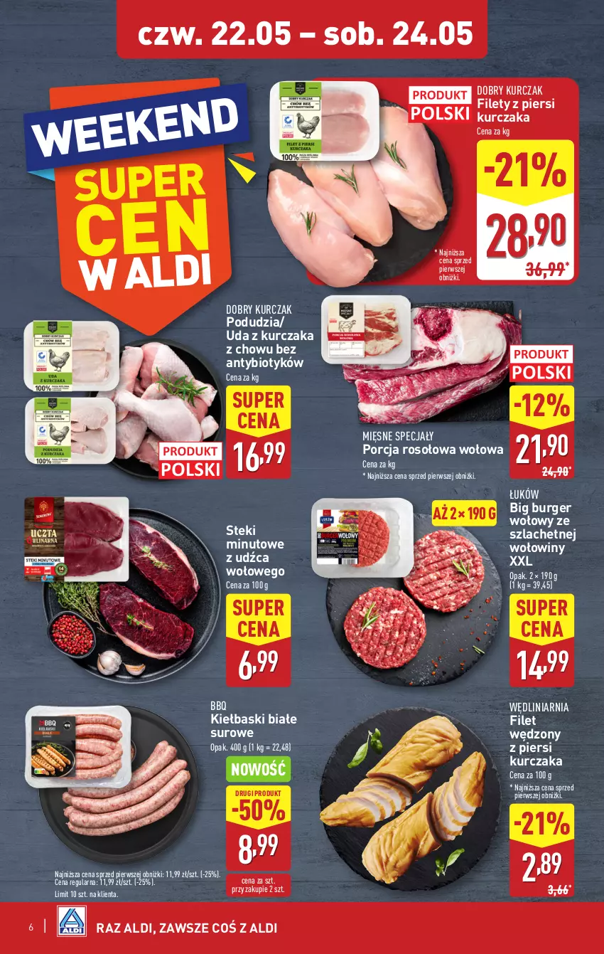 Gazetka promocyjna Aldi - Oferta weekendowa - ważna 22.05 do 24.05.2025 - strona 6 - produkty: Burger, Kiełbaski białe, Kurczak, Mięsne specjały, Por, Stek