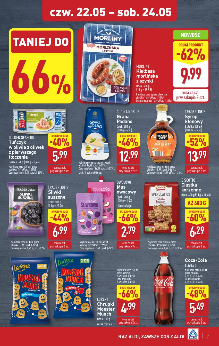 Gazetka promocyjna Aldi - Oferta weekendowa - ważna 22.05 do 24.05.2025 - strona 7 - produkty: Chrupki, Ciastka, Coca-Cola, Golden Seafood, Gra, Kiełbasa, Lorenz, Monster Munch, Morliny, Mus, Syrop, Tuńczyk