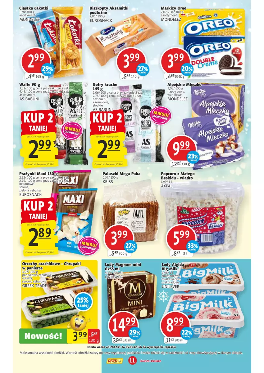 Gazetka promocyjna Prim Market - Gazetka - ważna 27.12.2021 do 05.01.2022 - strona 11 - produkty: Aksam, Babuni, Beko, Big Milk, Biszkopty, Ciastka, Gofry, LG, Lody, Mleczko, Oreo, Popcorn, Sok, Wafle, Wasa, Wiadro