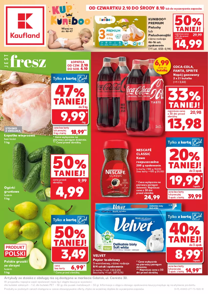 Gazetka promocyjna Kaufland - Gazetka tygodnia - ważna 02.10 do 08.10.2025 - strona 1 - produkty: Coca-Cola, Fa, Fanta, Grunt, Gruszki, Kawa, Kawa rozpuszczalna, Majtki, Napój, Napój gazowany, Nescafé, Papier, Papier toaletowy, Pieluchomajtki, Pieluchy, Sok, Sprite, Velvet