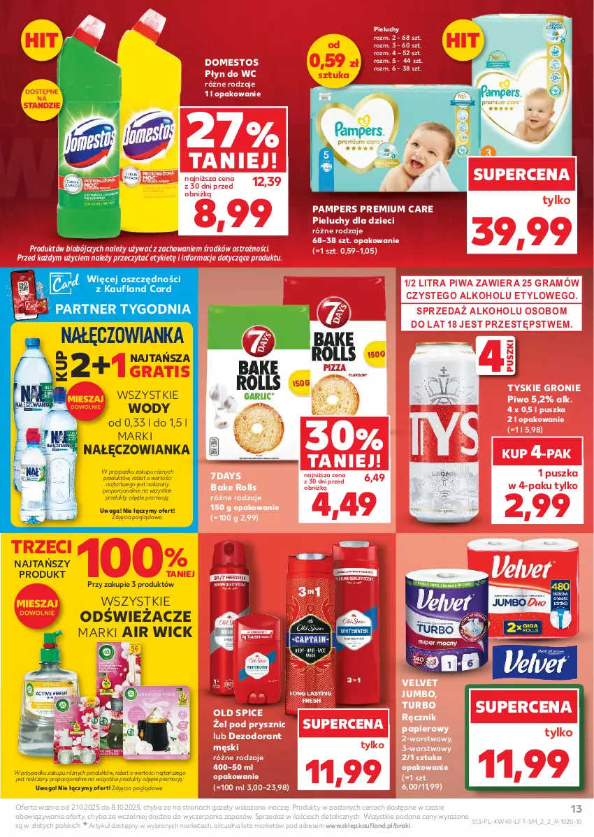 Gazetka promocyjna Kaufland - Gazetka tygodnia - ważna 02.10 do 08.10.2025 - strona 13 - produkty: Air Wick, Bake Rolls, Dezodorant, Domestos, Dres, Dzieci, Gra, Nałęczowianka, Old Spice, Pampers, Papier, Pieluchy, Piwa, Piwo, Płyn do wc, Por, Ręcznik, Tyskie, Velvet, Waga