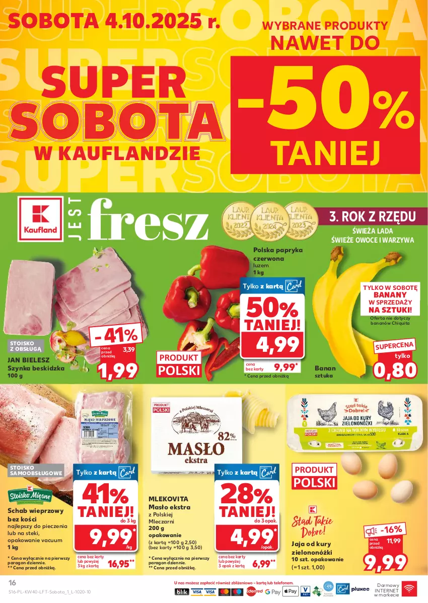 Gazetka promocyjna Kaufland - Gazetka tygodnia - ważna 02.10 do 08.10.2025 - strona 16 - produkty: Banany, Jaja, Masło, Mleko, Mlekovita, Owoce, Papryka, Papryka czerwona, Piec, Schab wieprzowy, Stek, Szynka, Warzywa