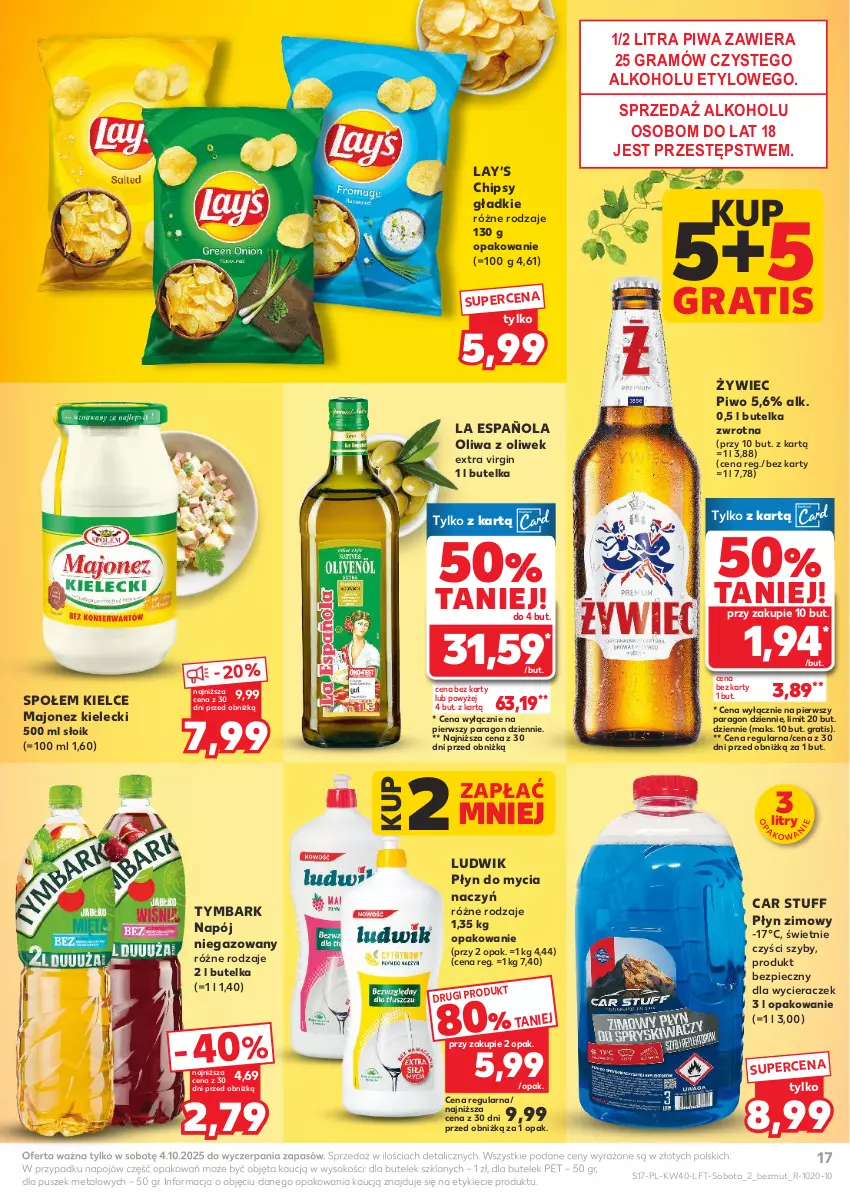 Gazetka promocyjna Kaufland - Gazetka tygodnia - ważna 02.10 do 08.10.2025 - strona 17 - produkty: Chipsy, Do mycia naczyń, Gin, Gra, Lay’s, Ludwik, Majonez, Napój, Napój niegazowany, Oliwa, Oliwa z oliwek, Piec, Piwa, Piwo, Płyn do mycia, Płyn do mycia naczyń, Płyn zimowy, Sok, Tymbark