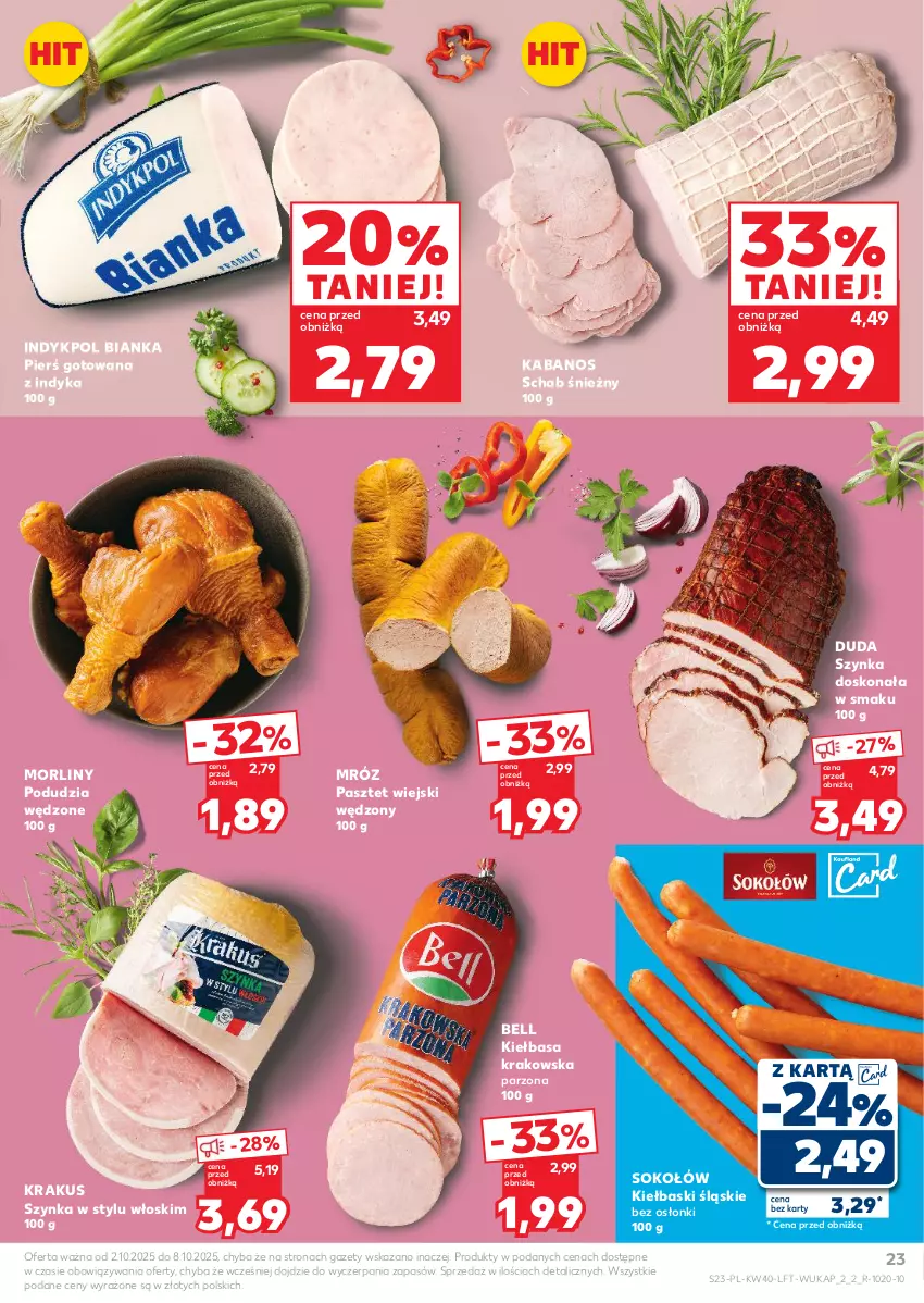 Gazetka promocyjna Kaufland - Gazetka tygodnia - ważna 02.10 do 08.10.2025 - strona 23 - produkty: Bell, Bianka, Duda, Kabanos, Kiełbasa, Kiełbasa krakowska, Kiełbaski śląskie, Krakus, Morliny, Pasztet, Sok, Sokołów, Szynka