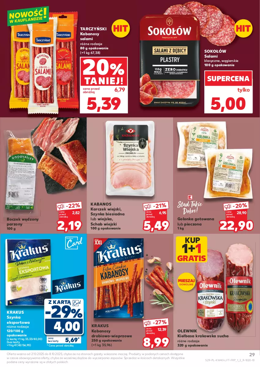 Gazetka promocyjna Kaufland - Gazetka tygodnia - ważna 02.10 do 08.10.2025 - strona 29 - produkty: Boczek, Gra, Kabanos, Kiełbasa, Kiełbasa krakowska, Krakus, Olewnik, Piec, Por, Salami, Sok, Sokołów, Sport, Szynka, Tarczyński