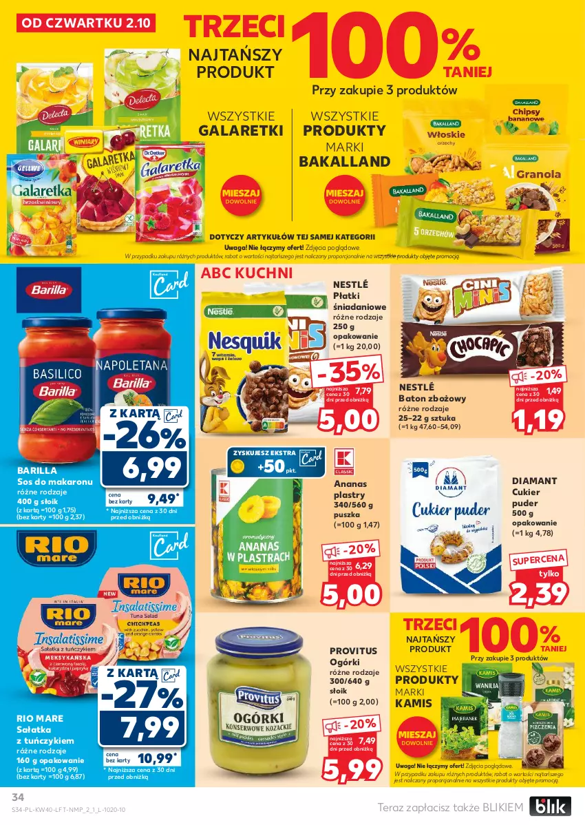 Gazetka promocyjna Kaufland - Gazetka tygodnia - ważna 02.10 do 08.10.2025 - strona 34 - produkty: Ananas, Bakalland, Barilla, Baton, Cukier, Cukier puder, Danio, Diamant, Gala, Galaretki, Kamis, Makaron, Nestlé, Por, Puder, Rio Mare, Sałat, Sałatka, Sos, Sos do makaronu, Tera, Tuńczyk, Waga