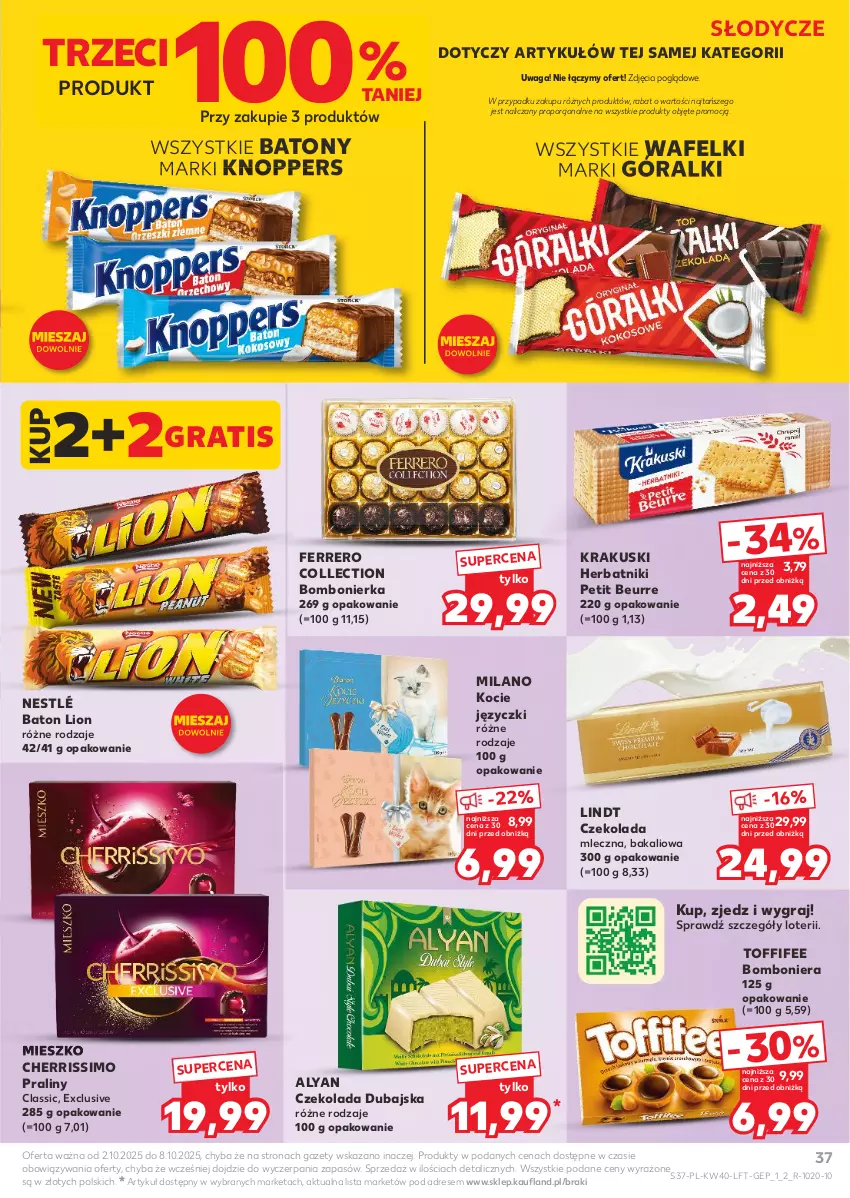 Gazetka promocyjna Kaufland - Gazetka tygodnia - ważna 02.10 do 08.10.2025 - strona 37 - produkty: Baton, Bomboniera, Czekolada, Dres, Ferrero, Góralki, Gra, Herbatniki, Herbatniki Petit Beurre, Knoppers, Koc, Krakus, Krakuski, Lindt, Lion, Nestlé, Por, Praliny, Toffifee, Waga