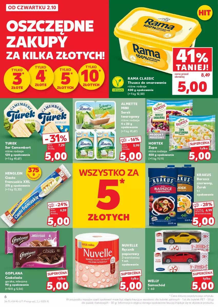 Gazetka promocyjna Kaufland - Gazetka tygodnia - ważna 02.10 do 08.10.2025 - strona 6 - produkty: Almette, Camembert, Ciasto francuskie, Czekolada, Czekolada gorzka, Goplana, Hortex, Krakus, LANA, Papier, Rama, Ręcznik, Samochód, Ser, Serek, Serek twarogowy, Sok, Zupa