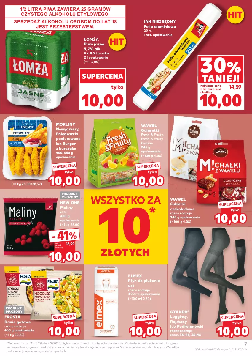 Gazetka promocyjna Kaufland - Gazetka tygodnia - ważna 02.10 do 08.10.2025 - strona 7 - produkty: Burger, Cukier, Cukierki, Cukierki czekoladowe, Danie gotowe, Elmex, Folia aluminiowa, Frosta, Gala, Galaretki, Gin, Gra, Jan Niezbędny, Kurczak, Legginsy, Maliny, Morliny, Piwa, Piwo, Piwo jasne, Płyn do płukania, Polędwiczki panierowane, Rajstopy, Top, Wawel