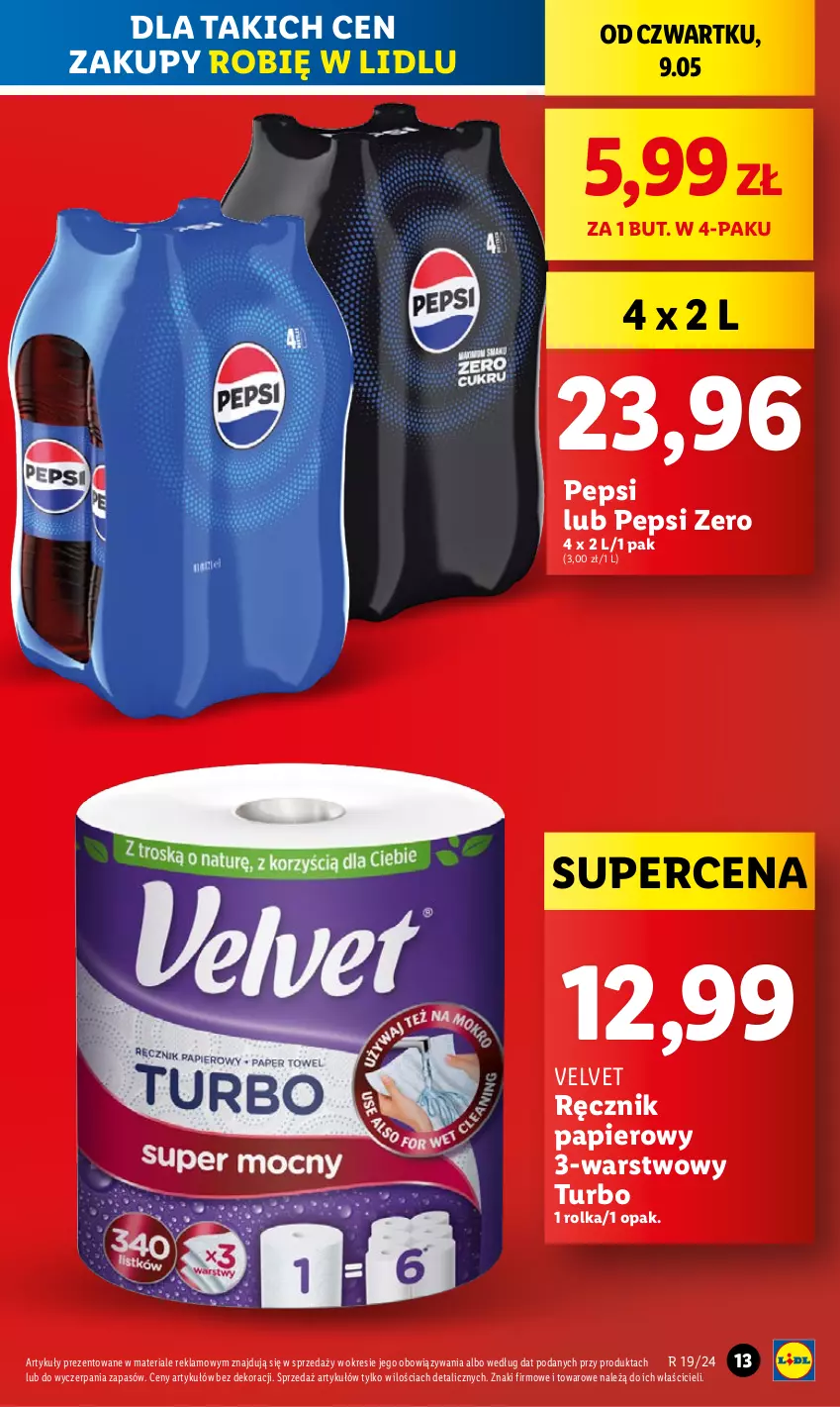 Gazetka promocyjna Lidl - GAZETKA - ważna 09.05 do 11.05.2024 - strona 13 - produkty: Papier, Pepsi, Ręcznik, Velvet