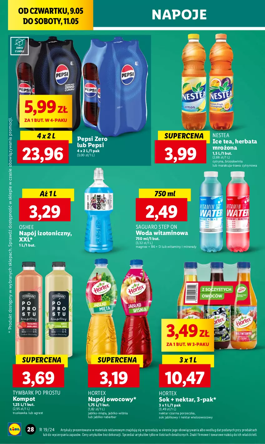 Gazetka promocyjna Lidl - GAZETKA - ważna 09.05 do 11.05.2024 - strona 34 - produkty: Gres, Herbata, Hortex, Ice tea, Magnez, Mięta, Napój, Napój izotoniczny, Napoje, Nektar, Nestea, Oshee, Pepsi, Por, Sok, Sok jabłkowy, Tymbark, Woda