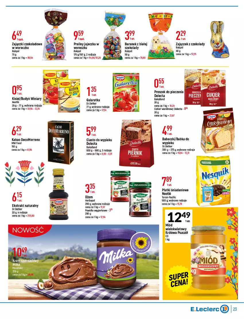 Gazetka promocyjna E Leclerc - ważna 05.04 do 16.04.2022 - strona 23 - produkty: Babeczki, Babka, Bakalland, Cif, Cukier, Cukier wanilinowy, Danio, Delecta, Dżem, Gala, Galaretka, Herbapol, Kakao, LG, Miód, Nektar, Piec, Praliny, Proszek do pieczenia