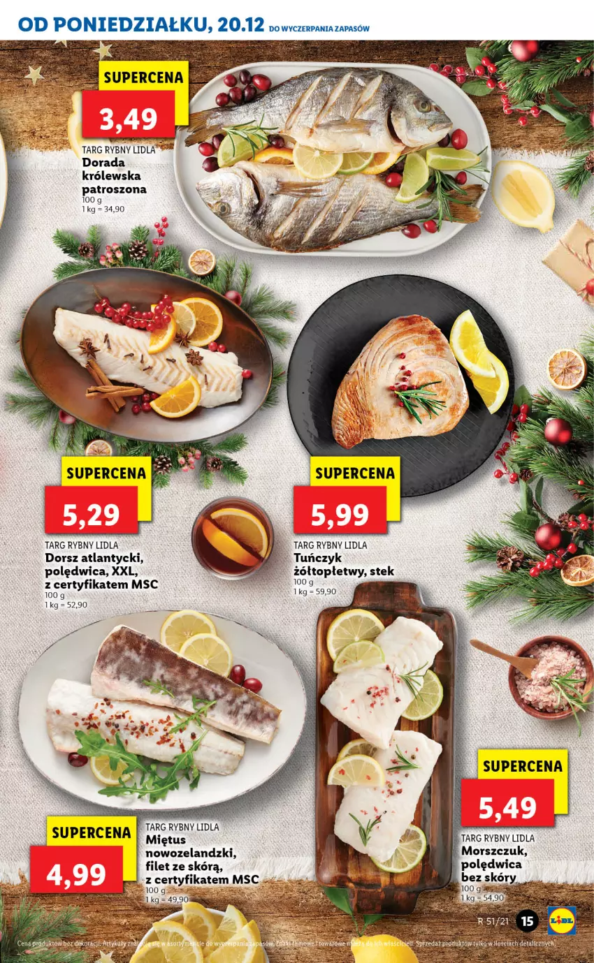 Gazetka promocyjna Lidl - GAZETKA - ważna 20.12 do 24.12.2021 - strona 15 - produkty: Dorsz, Miętus, Polędwica, Stek, Top, Tuńczyk