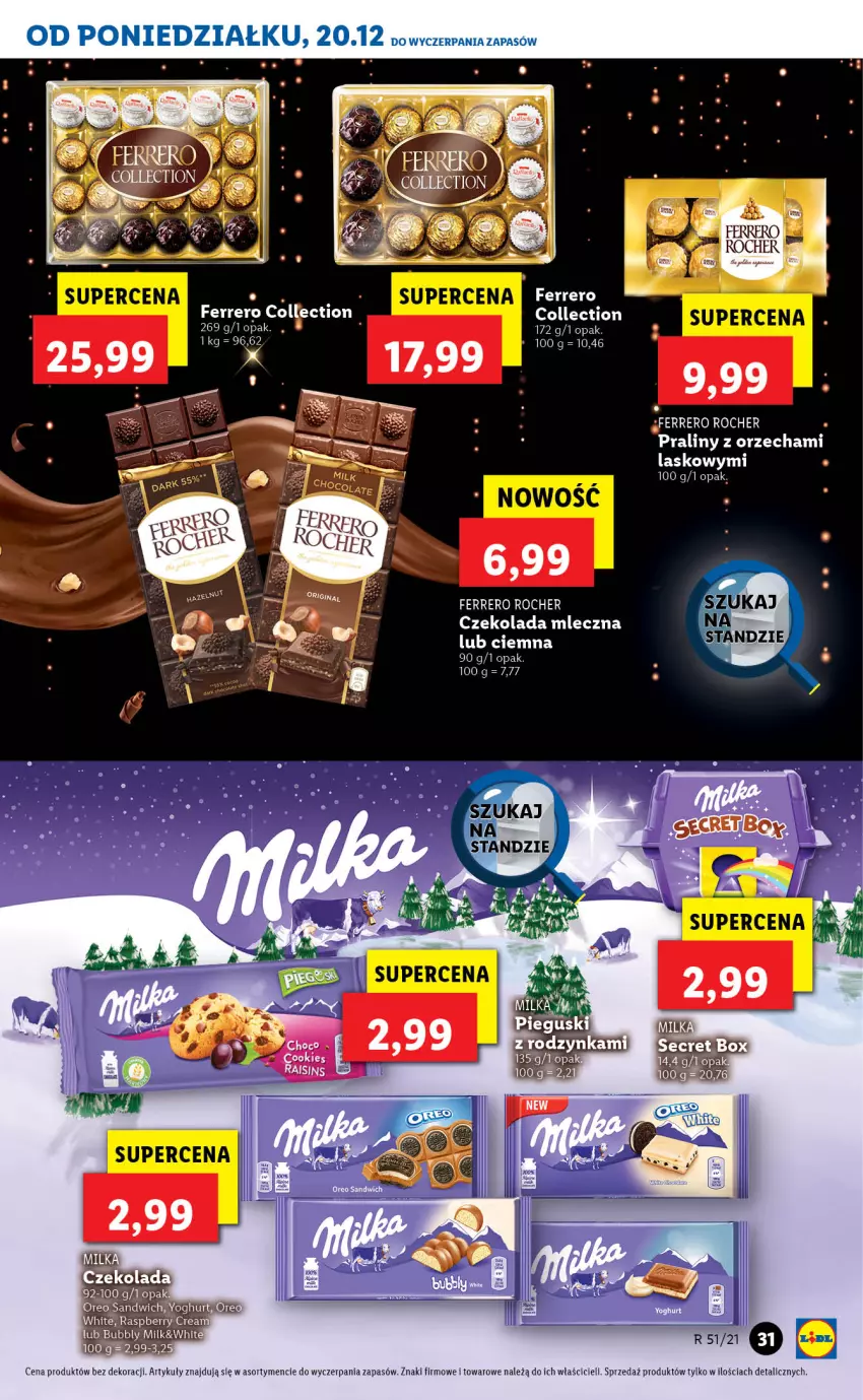 Gazetka promocyjna Lidl - GAZETKA - ważna 20.12 do 24.12.2021 - strona 31 - produkty: Czekolada, Czekolada mleczna, Ferrero, Ferrero Rocher, Praliny