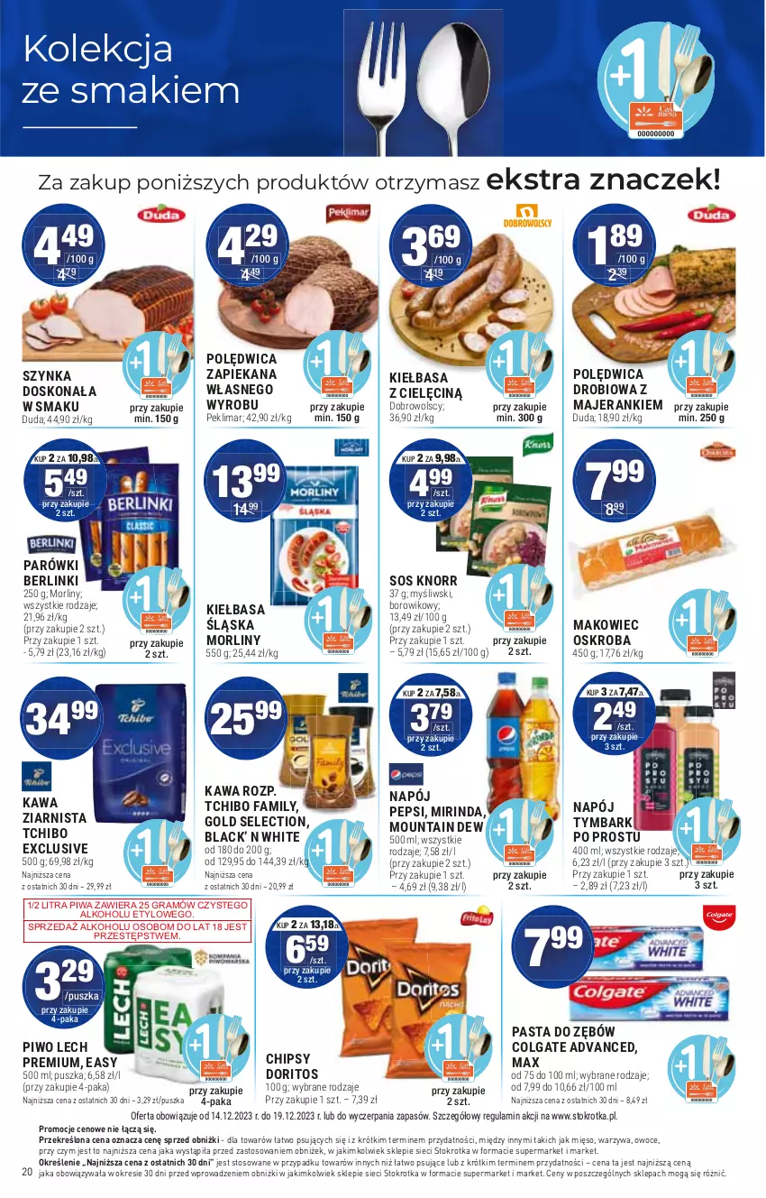 Gazetka promocyjna Stokrotka - Supermarket - ważna 14.12 do 20.12.2023 - strona 20 - produkty: Berlinki, Chipsy, Colgate, Fa, Gra, Kawa, Kawa ziarnista, Knorr, Lack, Lech Premium, LG, Makowiec, Mięso, Mirinda, Morliny, Napój, Owoce, Parówki, Pepsi, Piwa, Piwo, Sos, Szynka, Tchibo, Tchibo Family, Tymbark, Warzywa