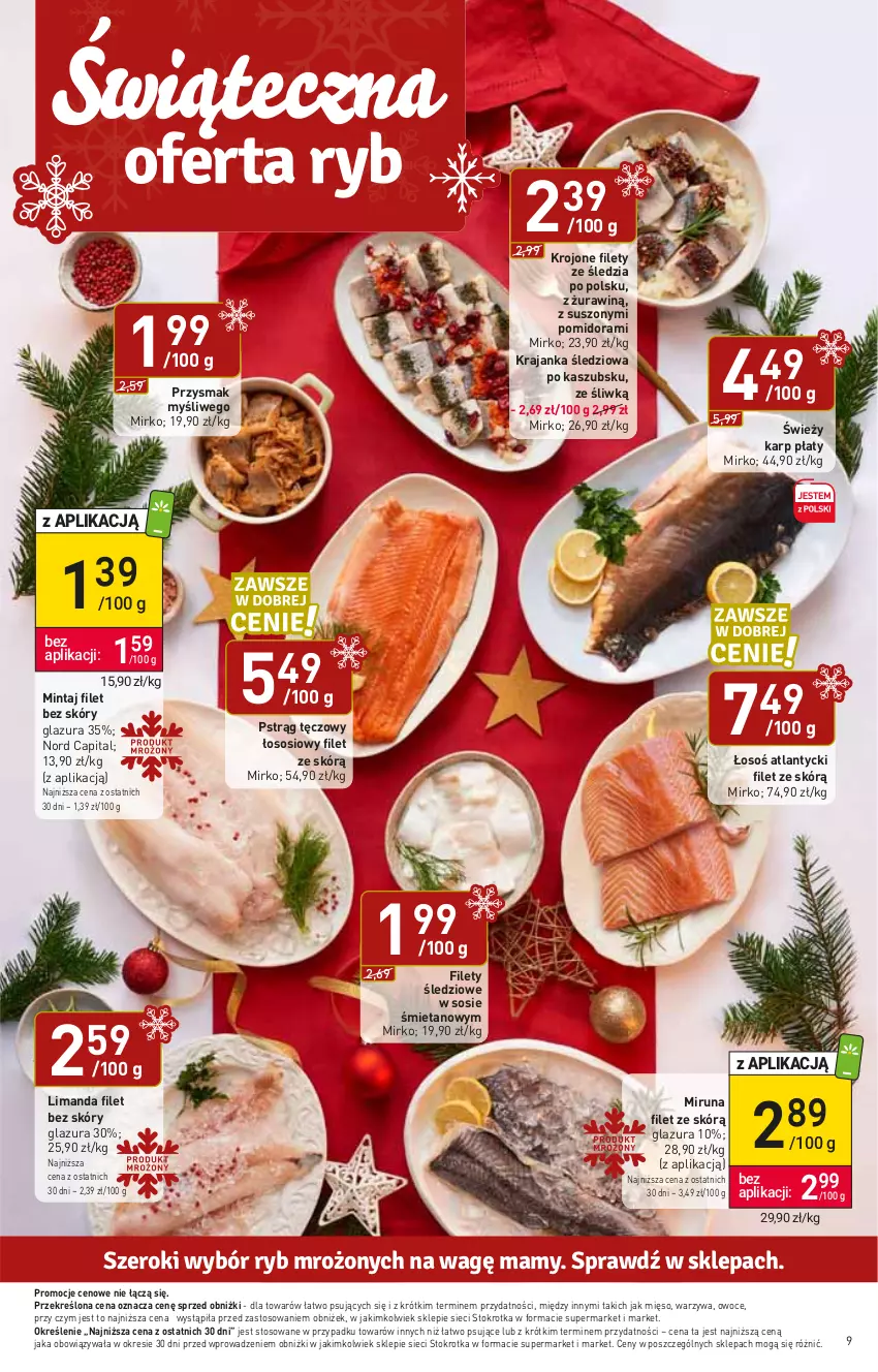 Gazetka promocyjna Stokrotka - Supermarket - ważna 14.12 do 20.12.2023 - strona 9 - produkty: Glazura, Karp, Krajanka śledziowa, Lazur, Mięso, Mintaj, Miruna, Owoce, Pstrąg, Pstrąg tęczowy, Sos, Warzywa