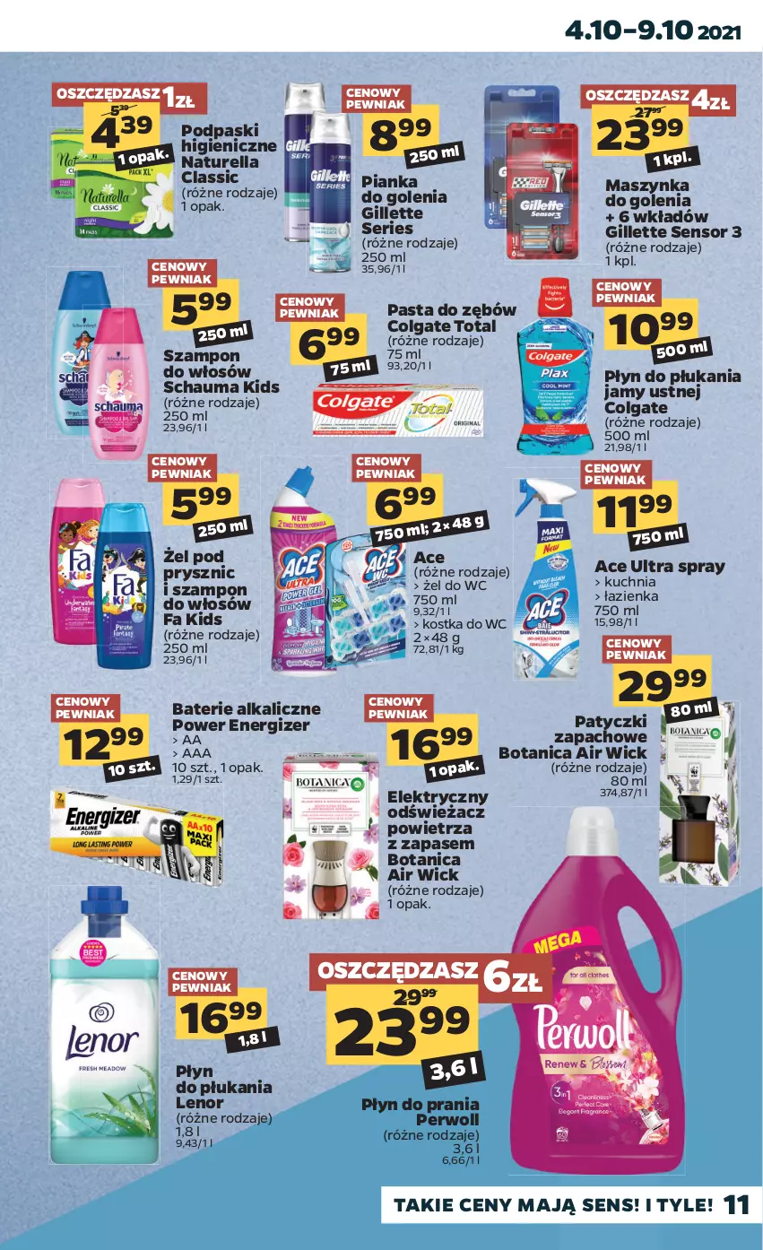 Gazetka promocyjna Netto - Gazetka spożywcza - ważna 04.10 do 09.10.2021 - strona 11 - produkty: Air Wick, Baterie alkaliczne, Colgate, Colgate Total, Energizer, Fa, Gillette, Kostka do wc, Kuchnia, Lenor, LG, Maszynka, Maszynka do golenia, Naturell, Naturella, Odświeżacz powietrza, Pasta do zębów, Perwoll, Pianka do golenia, Płyn do płukania, Płyn do płukania jamy ustnej, Płyn do prania, Podpaski, Schauma, Ser, Szampon, Szynka