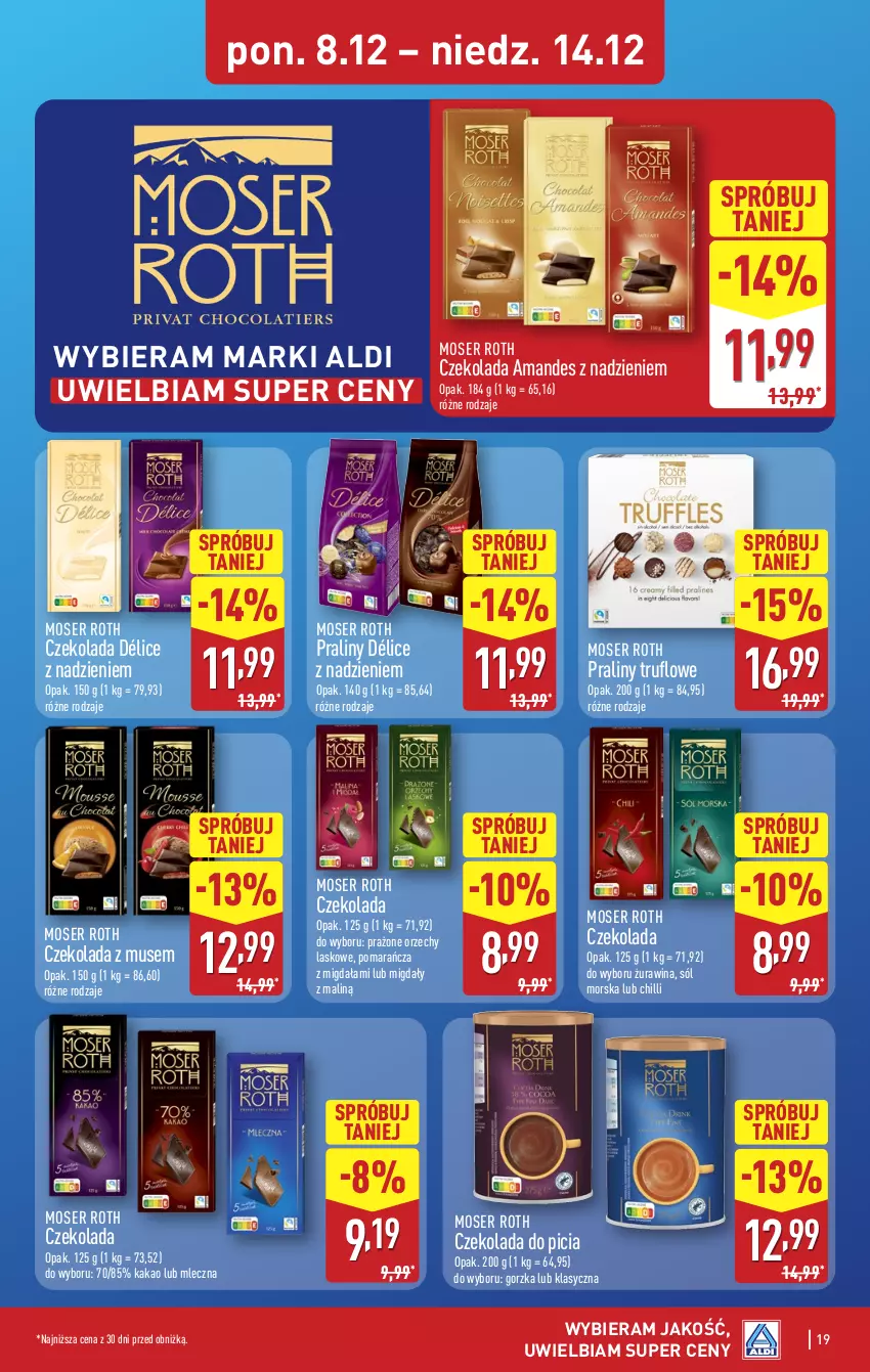 Gazetka promocyjna Aldi - Pełna oferta - ważna 08.12 do 14.12.2025 - strona 19 - produkty: Czekolada, Kakao, Migdały, Moser Roth, Mus, Praliny, Ser, Sól