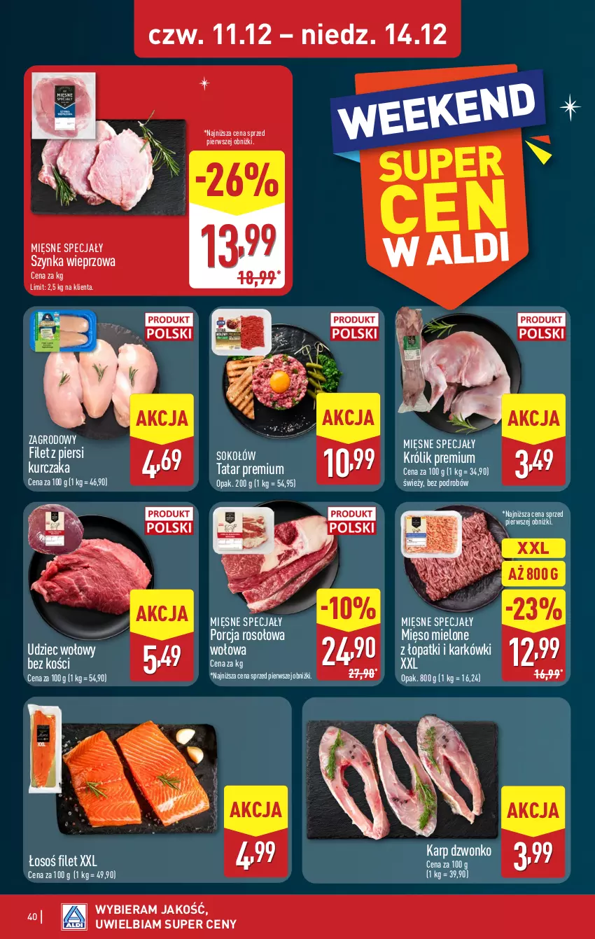 Gazetka promocyjna Aldi - Pełna oferta - ważna 08.12 do 14.12.2025 - strona 40 - produkty: Filet z piersi kurczaka, Karp, Królik, Kurczak, Mięsne specjały, Mięso, Mięso mielone, Por, Sok, Sokołów, Szynka, Szynka wieprzowa, Udziec wołowy