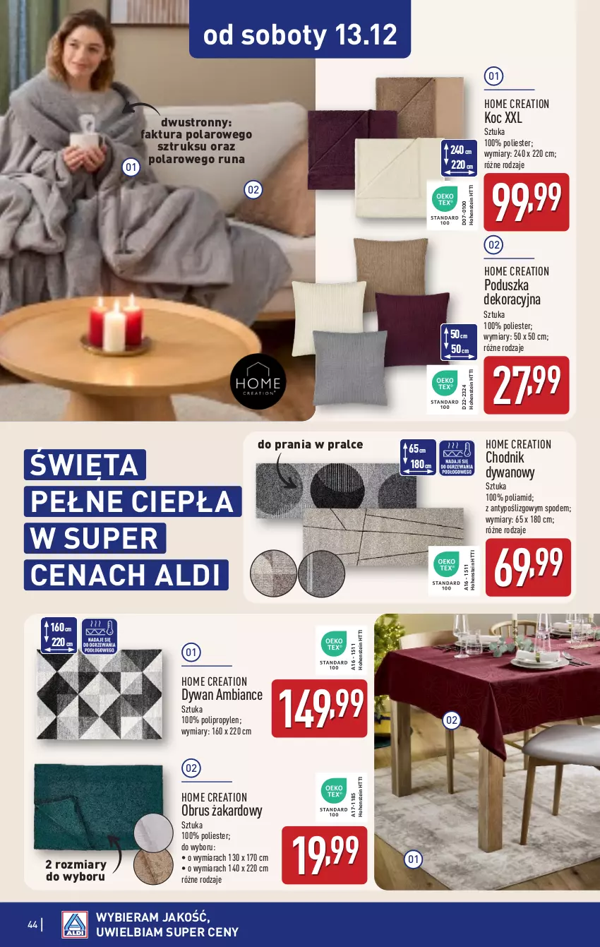 Gazetka promocyjna Aldi - Pełna oferta - ważna 08.12 do 14.12.2025 - strona 44 - produkty: Chodnik, Dywan, Fa, Koc, Obrus, Poduszka, Poduszka dekoracyjna