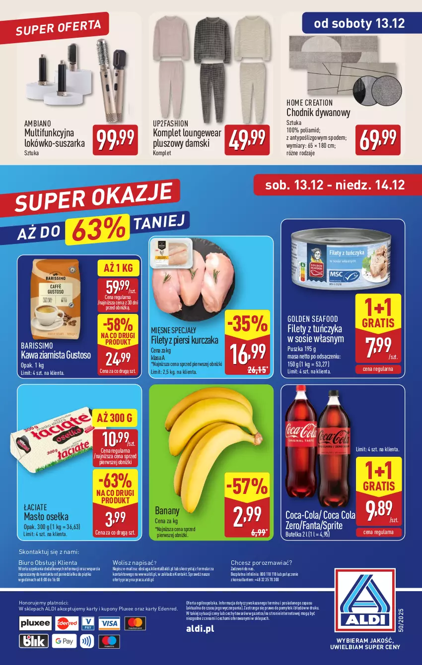 Gazetka promocyjna Aldi - Pełna oferta - ważna 08.12 do 14.12.2025 - strona 49 - produkty: Banany, Biuro, Chodnik, Coca-Cola, Dywan, Fa, Fanta, Golden Seafood, Gra, Kawa, Kawa ziarnista, Kurczak, Masło, Mięsne specjały, O nas, Por, Sos, Sprite, Suszarka, Tuńczyk