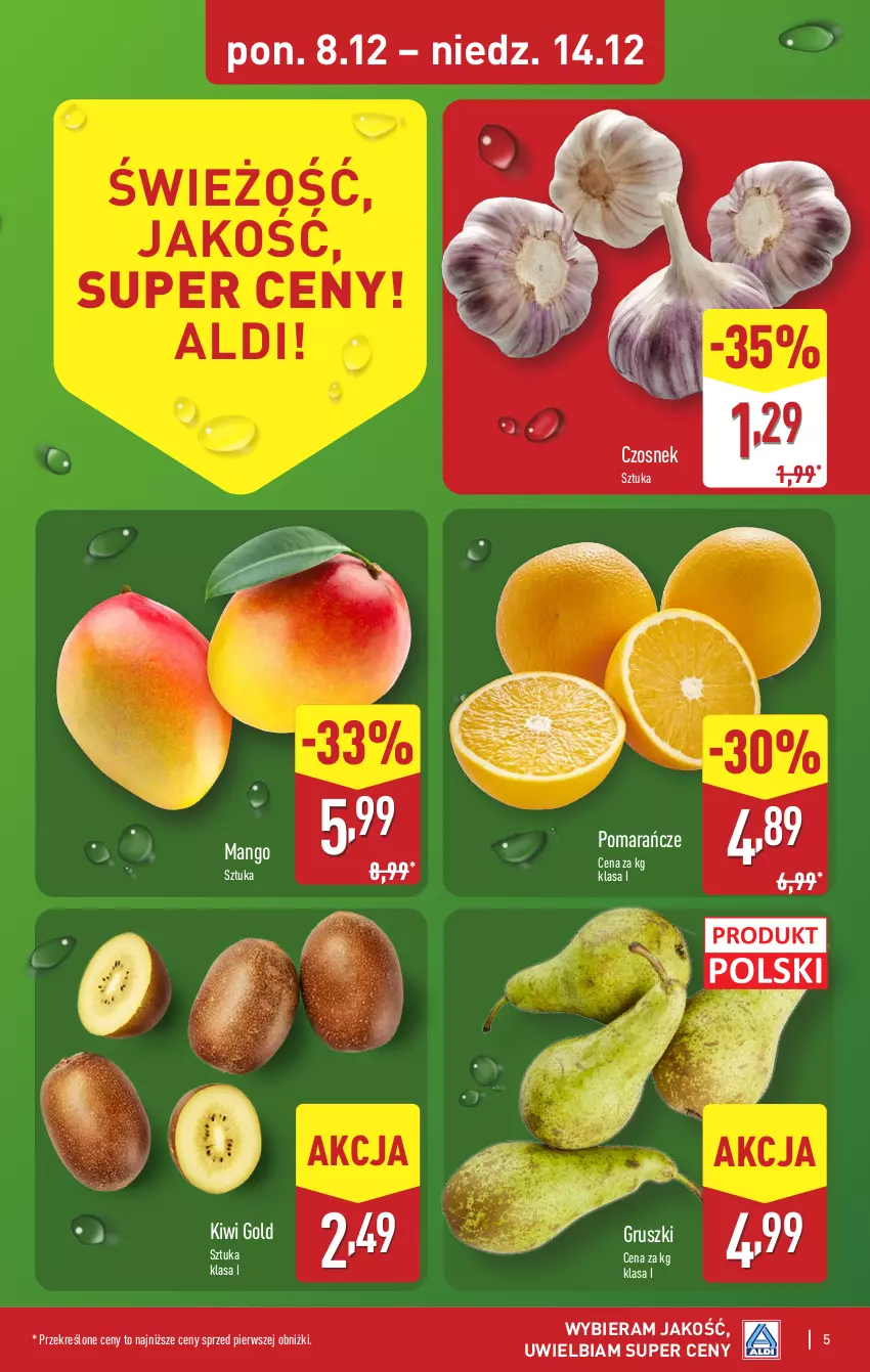 Gazetka promocyjna Aldi - Pełna oferta - ważna 08.12 do 14.12.2025 - strona 5 - produkty: Czosnek, Gruszki, Kiwi, Mango, Pomarańcze