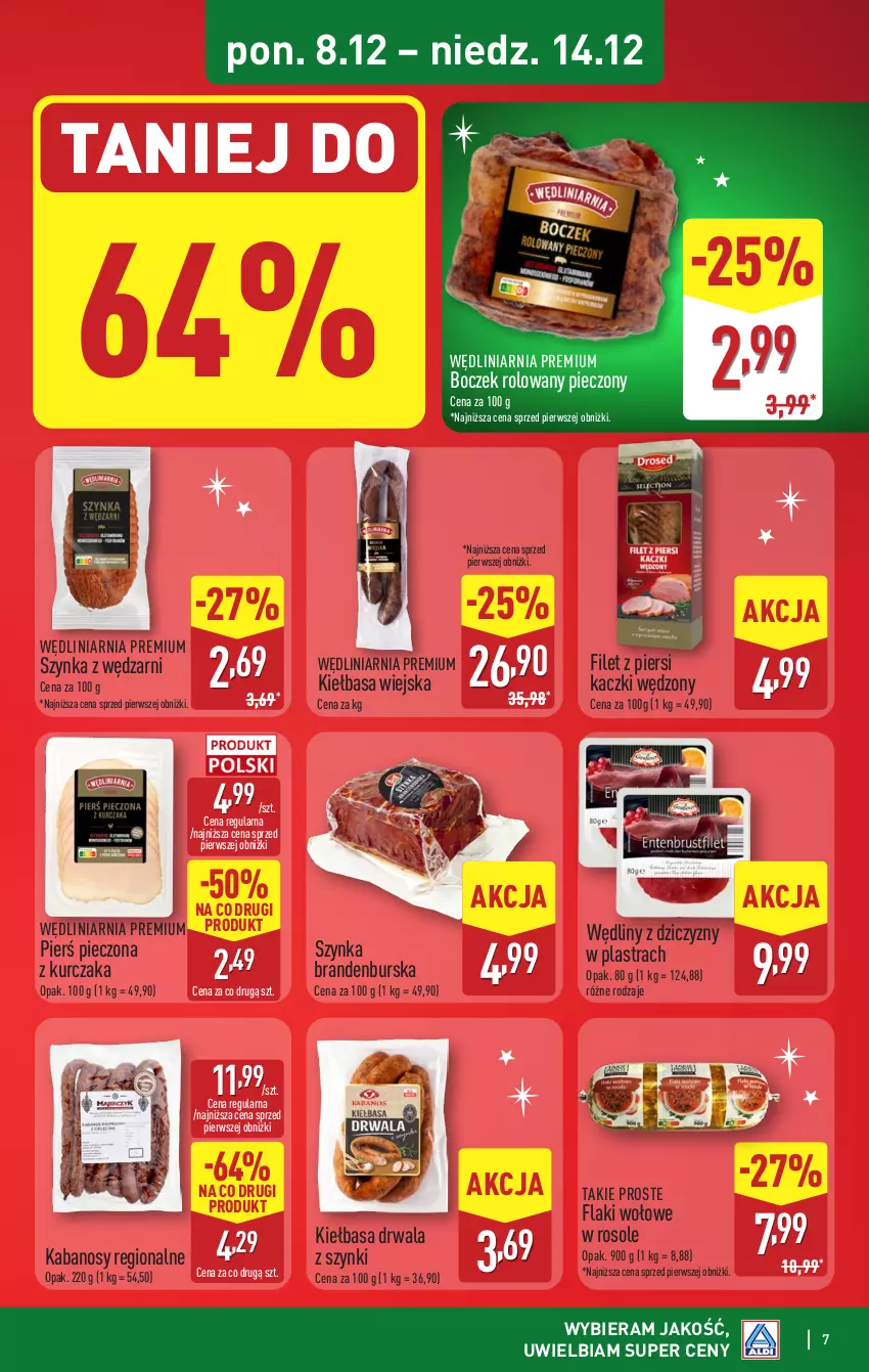 Gazetka promocyjna Aldi - Pełna oferta - ważna 08.12 do 14.12.2025 - strona 7 - produkty: Boczek, Filet z piersi kaczki, Flaki, Flaki wołowe, Kabanos, Kiełbasa, Kiełbasa wiejska, Kurczak, Piec, Szynka
