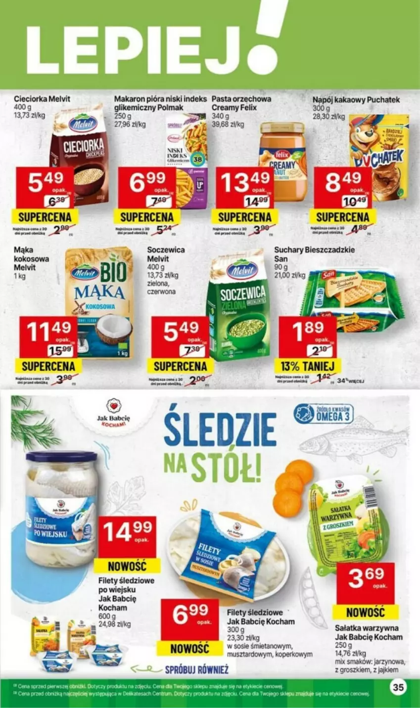 Gazetka promocyjna Delikatesy Centrum - ważna 09.11 do 15.11.2023 - strona 29 - produkty: Cieciorka, Felix, Kakao, Koc, Kokos, Mąka, Makaron, Melvit, Mus, Olma, Orka, Sałat, Sałatka, Sałatka warzywna, Sos