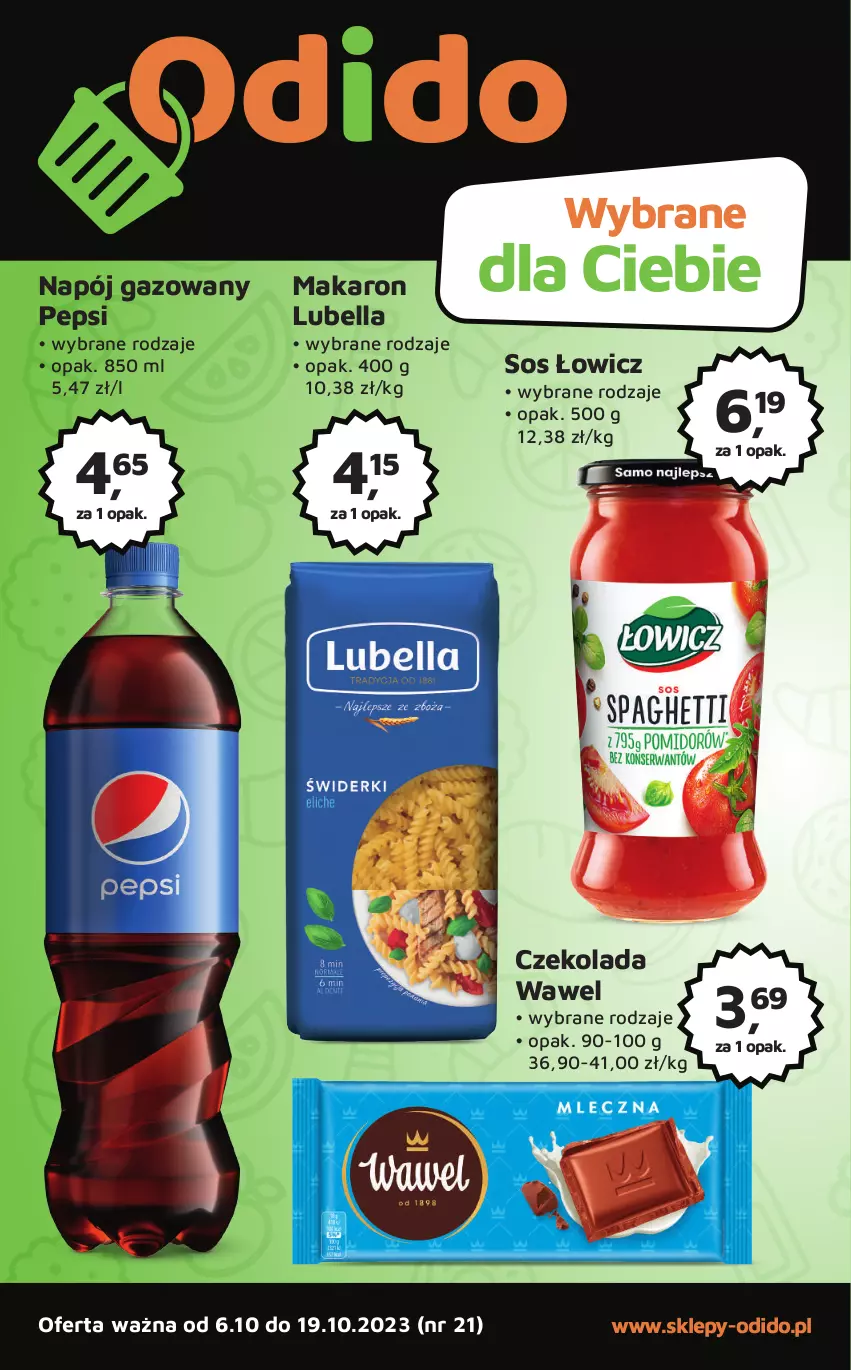 Gazetka promocyjna Odido - Gazetka - ważna 06.10 do 19.10.2023 - strona 1 - produkty: Bell, Bella, Czekolada, Lubella, Makaron, Napój, Napój gazowany, Pepsi, Sos, Wawel