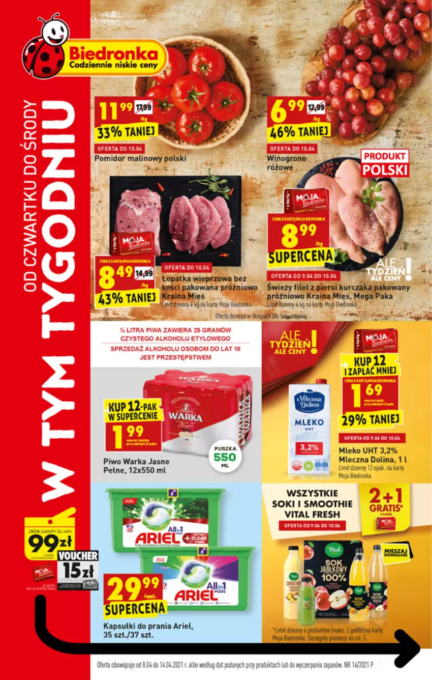 Gazetka promocyjna Biedronka - W tym tygodniu - ważna 08.04 do 14.04.2021 - strona 1 - produkty: Ariel, Fa, Filet z piersi kurczaka, Gra, Kurczak, Mleko, Piwo, Smoothie, Sok, Warka, Wino