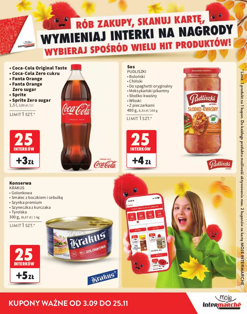Gazetka promocyjna Intermarche - Katalog Interki - ważna 03.09 do 25.11.2026 - strona 13 - produkty: Coca-Cola, Fa, Fanta, Gin, Krakus, Kurczak, Piec, Pieczarka, Pudliszki, Ser, Smalec, Sos, Spaghetti, Sprite, Szynka, Szynka premium