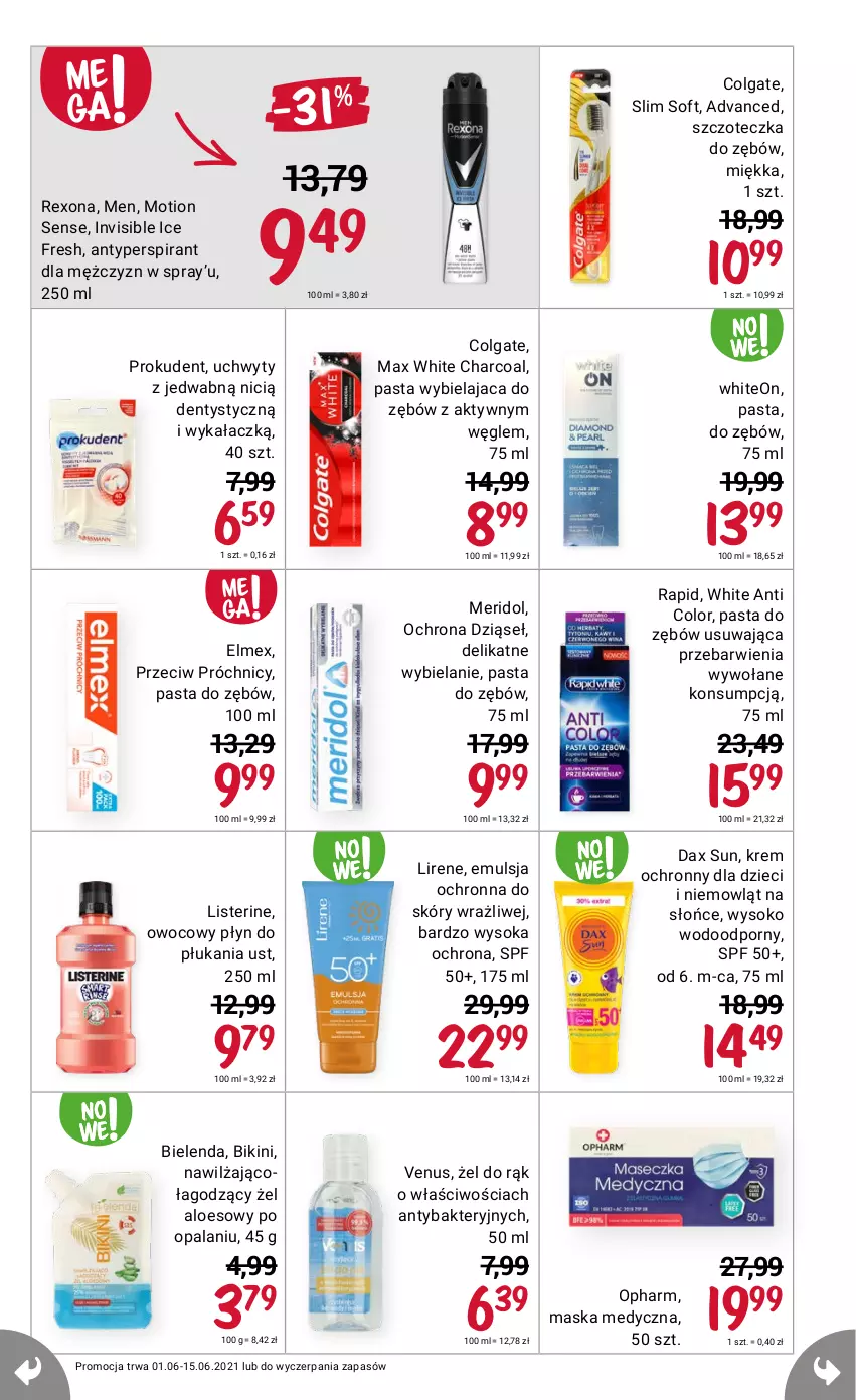 Gazetka promocyjna Rossmann - Czerwiec I - ważna 01.06 do 15.06.2021 - strona 9 - produkty: Antyperspirant, Bielenda, Bikini, Colgate, DAX, Dzieci, Elmex, Emulsja, LG, Lirene, Listerine, Maska, Maska medyczna, Pasta do zębów, Płyn do płukania, Por, Prokudent, Rexona, Sok, Szczoteczka, Szczoteczka do zębów, Uchwyty, Venus