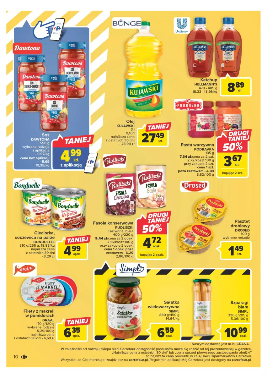 Gazetka promocyjna Carrefour - Gazetka Carrefour - ważna 25.04 do 06.05.2023 - strona 10 - produkty: Bonduelle, Cieciorka, Dawtona, Fa, Fasola, Gra, Graal, Ketchup, Kosz, Kujawski, Olej, Orka, Pasta warzywna, Podravka, Pudliszki, Pur, Sałat, Sałatka, Ser