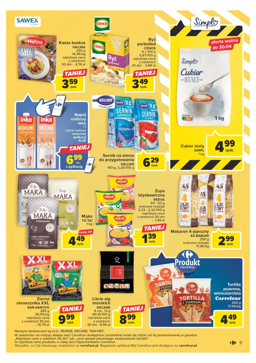 Gazetka promocyjna Carrefour - Gazetka Carrefour - ważna 25.04 do 06.05.2023 - strona 9 - produkty: Babuni, Cenos, Cukier, Inka, Kasza, Kuskus, LG, Mąka, Makaron, Napój, Ryż, Ser, Tortilla, Zupa