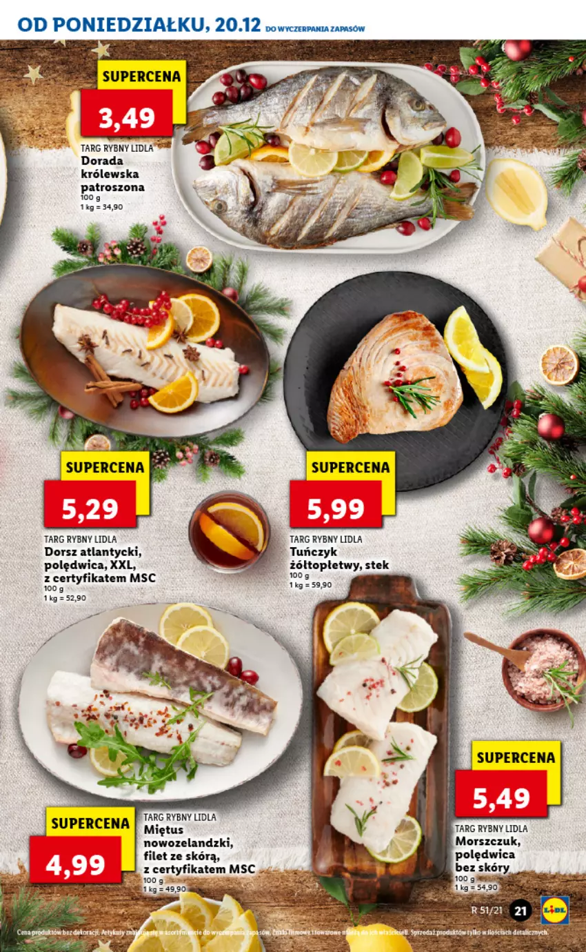 Gazetka promocyjna Lidl - GAZETKA - ważna 20.12 do 24.12.2021 - strona 21 - produkty: Dorsz, Miętus, Polędwica, Stek, Top, Tuńczyk